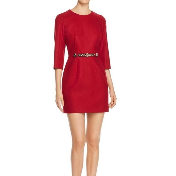 PAULE KA Red Belted Virgin Wool Mini Dress Size 44 - Picture 2 of 11